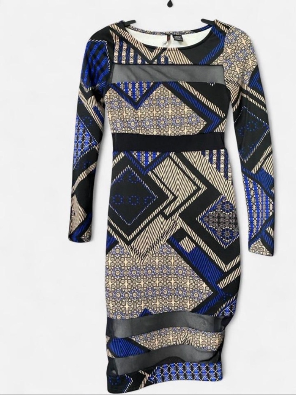 Fire Los Angeles Blue & Black Geometric Long Sleeve Sheath Dress